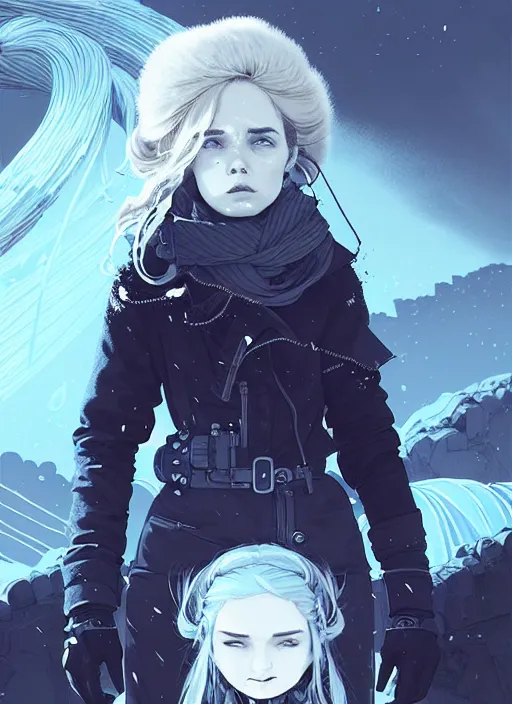 Image similar to highly detailed portrait of an angry frostpunk long blonde hair lady with robotic companion, stray wiring by atey ghailan, james gilleard, by joe fenton, by greg rutkowski, by greg tocchini, by kaethe butcher, 4 k resolution, gradient blue, black and white color scheme!!! ( ( glacier cave background ) )