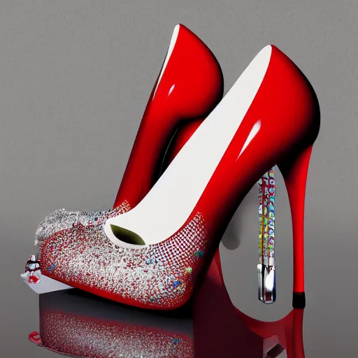 Image similar to High heels, futuristic, red soles, curved, with sparkling gems on top, realistic, showcased on a shelf, high detail, photorealistic, shining