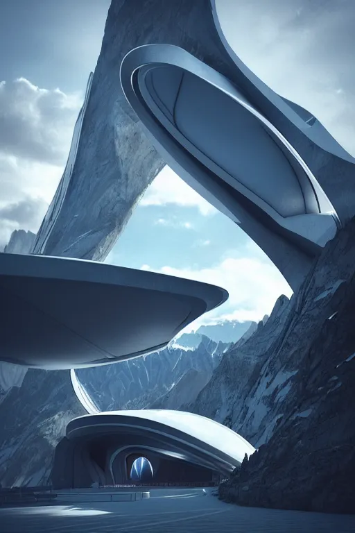 Prompt: a futuristic scene with an astronaut in front of a zaha hadid building in the french alps @ in the style of chris moore, cinematic matte painting, extreme detail photo quality, dark moody colors, featured on behance