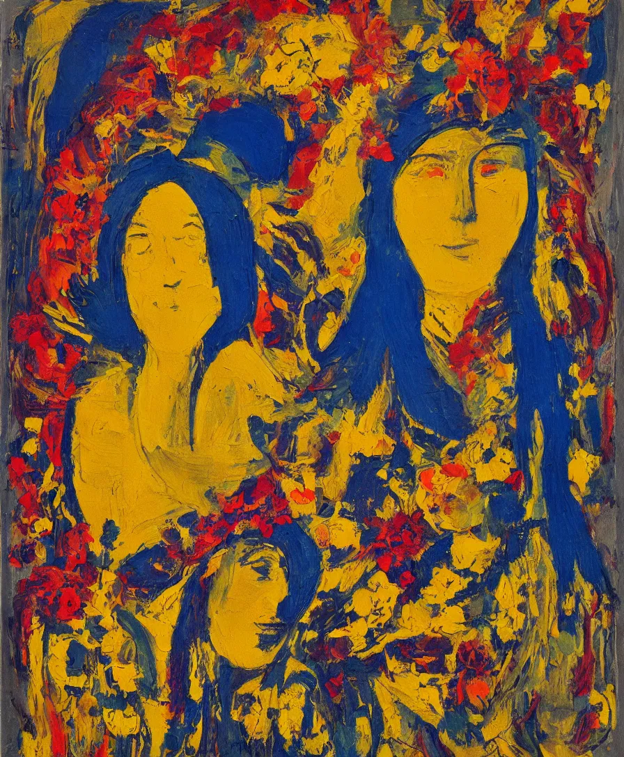 Prompt: portrait of a priestess with flowers in her hair and a candle in her hand, yellow and blue ribbons, expressive abstractionism, many small saturated hard relief strokes of oil on canvas with high detail