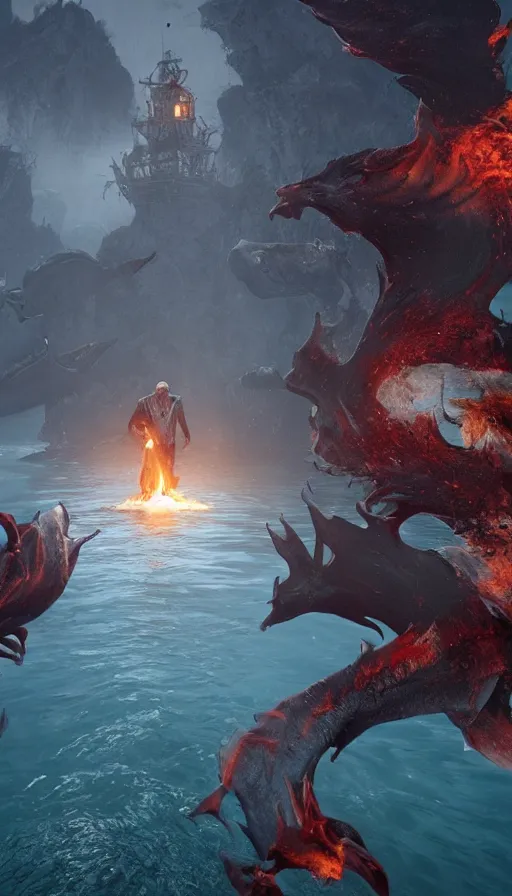 Image similar to man on boat crossing a body of water in hell with creatures in the water, sea of souls, with unreal engine