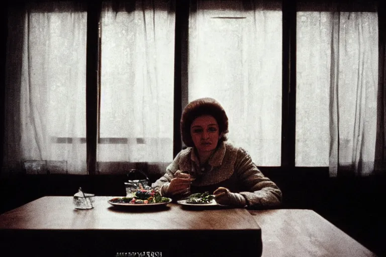 Image similar to soviet movie still a soviet woman sitting at a table next to the window with food, dark warm light, a character portrait by margarita terekhova, movie stalker solaris film still by andrei tarkovsky, 8 k, 1 9 8 4, close - up bokeh, gelios lens, color, noir