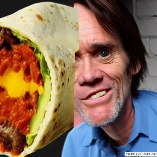 Image similar to jim carrey's head inside of a burrito, inside burrito, inside burrito