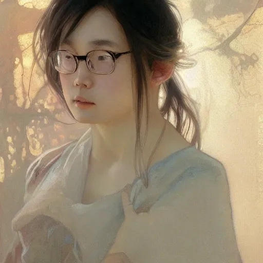 Prompt: full body portrait of a beautiful young asian girl glasses, freckles, fully clothed!, worksafe!, jeremy mann and alphonse mucha, photo realistic, dynamic lighting, windy, artstation, poster, dreamy, volumetric lighting, ethereal, 4 k, high detail