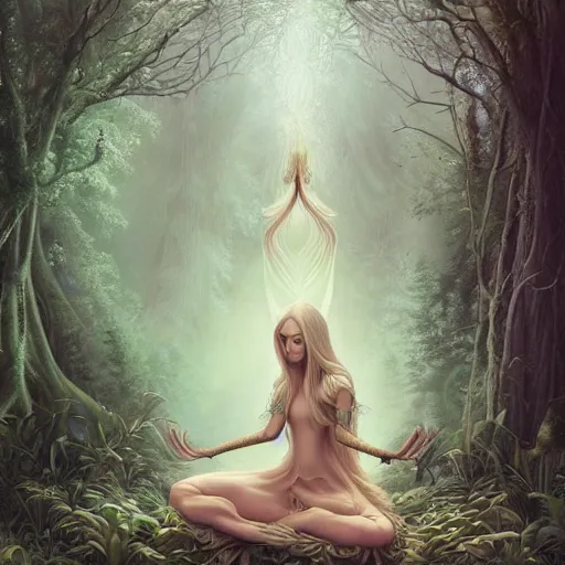 Prompt: elven princess meditating in forest, surrounded by fairies, surreal, surrealist art, digital art, trending on artstation, ultra detailed, intricate, sacred geometry, serene, beautiful, photo, realistic, perfect, smooth, moebius, by moebius, peter mohrbacher