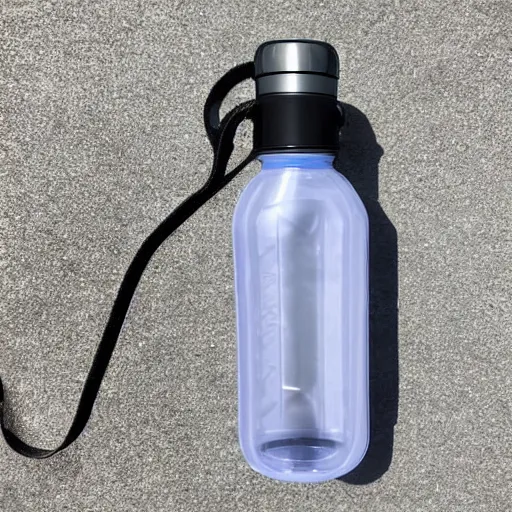 Prompt: A transparent 500ml water bottle filled with water up to half the total volume. It has a metal lid and a metal bottom part. It has a small carrier strap on top.