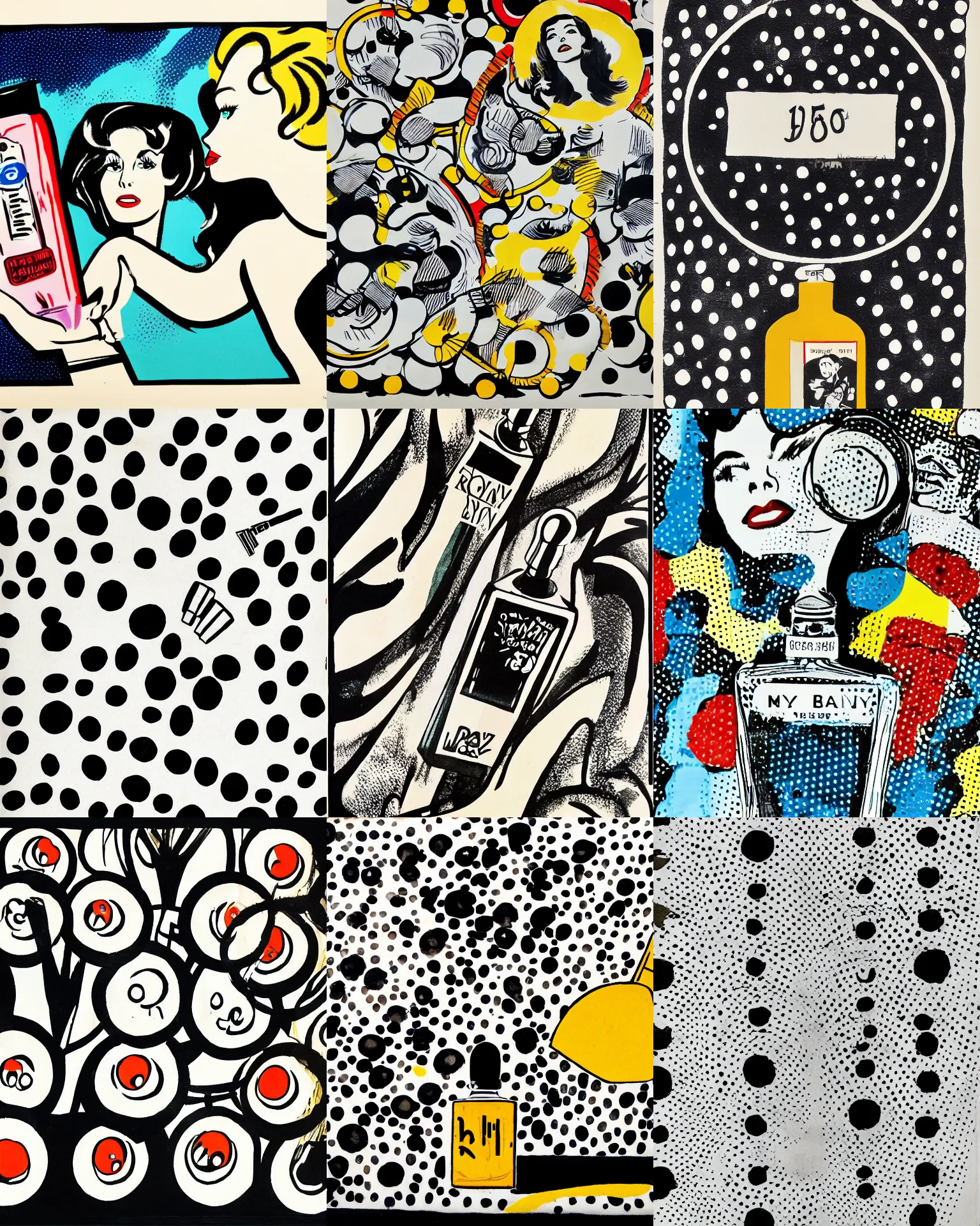 Prompt: medium shot, 1 9 6 0 s perfume bottle ads, ink painting on paper, in the style of ben - day dots by roy lichtenstein, detailed, 8 k