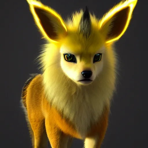 Image similar to photography of a realistic jolteon animal, ultra detailed, 8 k, cinematic lighting, natural background, trending on artstation, pokemon