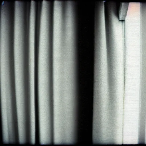 Prompt: beautiful android spying on you though the curtains of a window as you stand outside, polaroid