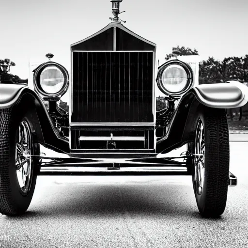 Image similar to Model T Ford with 24 inch rolls royce phantom wheels, (Sony a7R IV, symmetric balance, polarizing filter, Photolab, Lightroom, 4K, Dolby Vision, Photography Award, black and white)