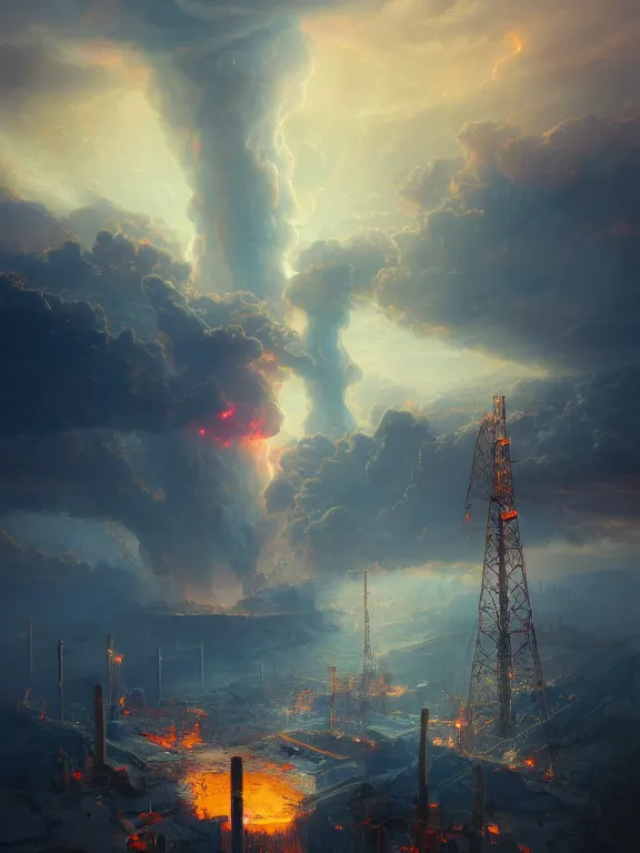 Image similar to photo of 8k ultra realistic nuclear power plant on fire, pylons, heavy swirling cloud, full of colour, cinematic lighting, battered, trending on artstation, 4k, hyperrealistic, focused, extreme details,unreal engine 5, cinematic, masterpiece, art by Peter Mohrbacher