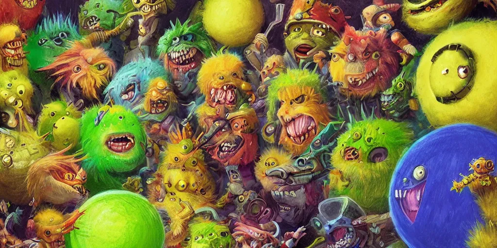 Prompt: a cinematic poster of tennis ball monsters, digital art, fantasy, magic, chalk, chalked, trending on artstation, ultra detailed, detailed, fine details, professional illustration by basil gogos