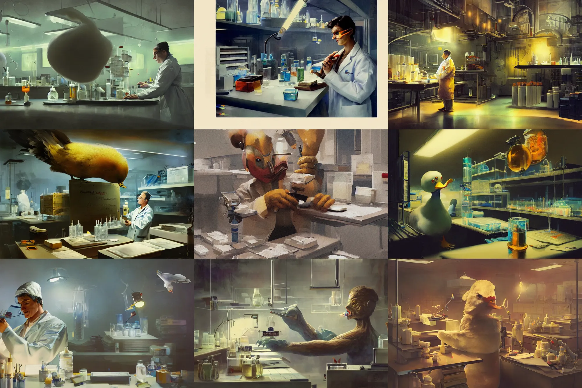 Prompt: A mixed media painting of a scientist duck working in a pcr and microbiology lab, by Frank Frazetta, Greg Rutkowski, Beeple, post-processing, low angle, masterpiece, cinematic, isometric, volumetric lighting