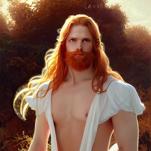 Image similar to beautiful natural male ginger angel wearing a white loincloth, intricate, elegant, highly detailed, digital painting, artstation, concept art, smooth, sharp focus, illustration, art by artgerm and greg rutkowski and alphonse mucha and loish and WLOP