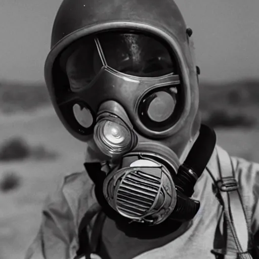 Image similar to a man wearing a gasmask, heavily equipped, in the desert, film still, arriflex 35