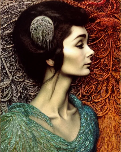 Image similar to matte painting portrait shot, beautiful colourful audrey hepburn, detailed and intricate by jean delville, gustave dore and marco mazzoni, art nouveau, symbolist, visionary, gothic, pre - raphaelite