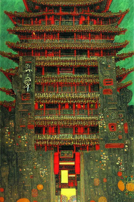 Image similar to cyberpunk chinese ancient castle, fantasy, painting by Gustav Klimt