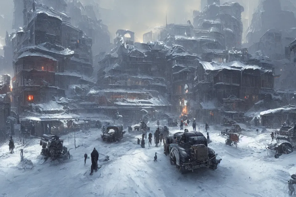 Image similar to highly detailed painting of dieselpunk kreta, winter, snow, dystopia, by greg rutkowski, by raphael lacoste, 4 k resolution, trending on artstation