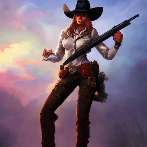 Image similar to full body, female cowgirl, perfect face, long rifle, 8 k, magic the gathering, d & d, artstation