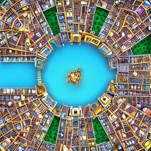 Image similar to fantasy city with glittering jewels, birds eye view