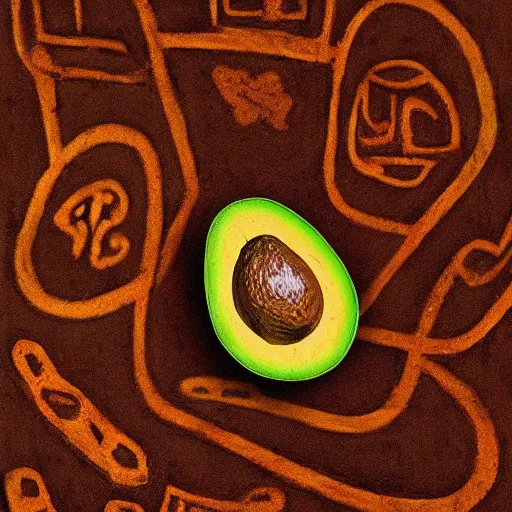 Image similar to photo of a cave painting petroglyph of an avocado being stolen, parietal art style, cave painting, sepia colors