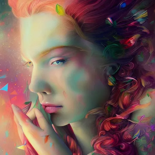 Prompt: a painting of a woman with long hair, digital art by anna dittmann, behance contest winner, psychedelic art, behance hd, detailed painting, iridescent