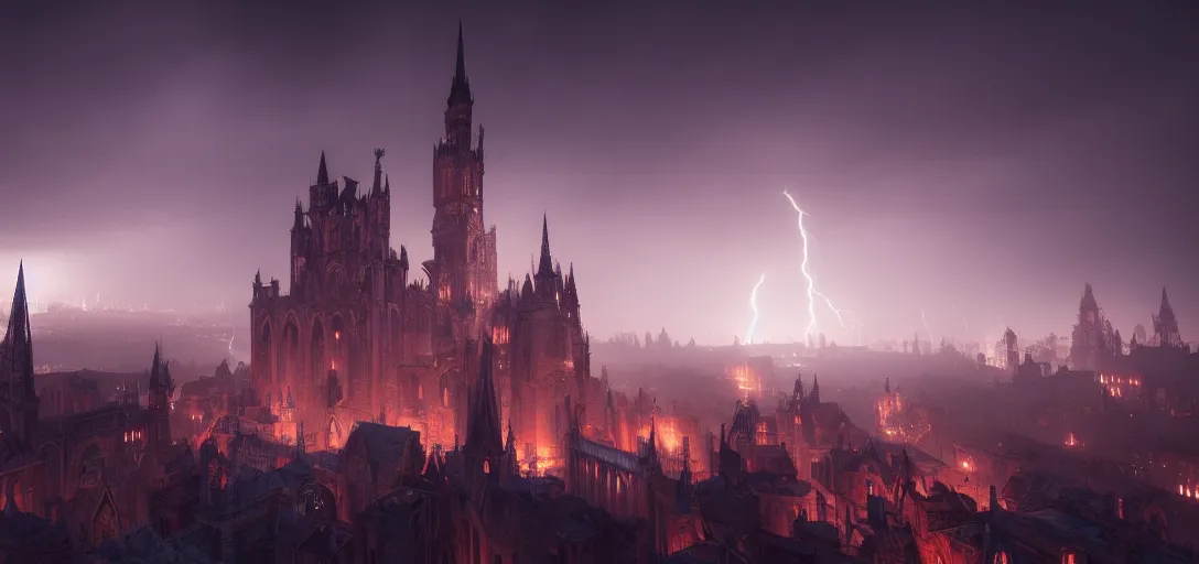 Image similar to view of an abandoned gothic city at night, lightning, glowing fog, castles, cinematic lighting, ultra detailed, sharp, ambient occlusion, raytracing, by greg rutowski, paul chadeisson and jessica rossier