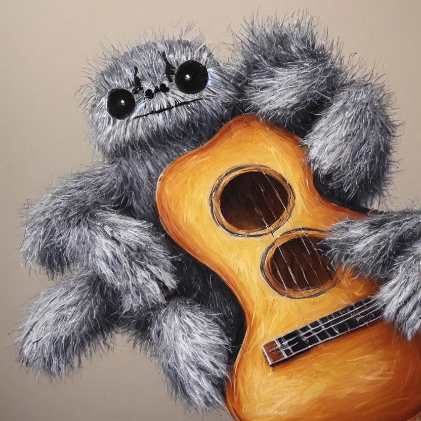 Image similar to medium shot, cute lucas the spider, fluffy spider, plays the guitar, 3 d art, oil painting