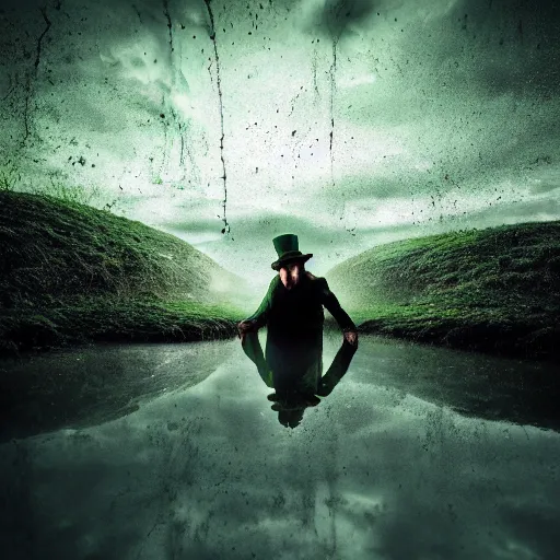 Image similar to A creepy leprechaun emerging from a puddle of water, dramatic, cinematic lighting