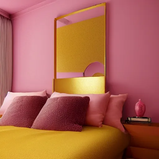 Image similar to a pink bedroom with gold walls, digital Painting, ultradetailed, artstation, oil Painting, ultradetailed, artstation