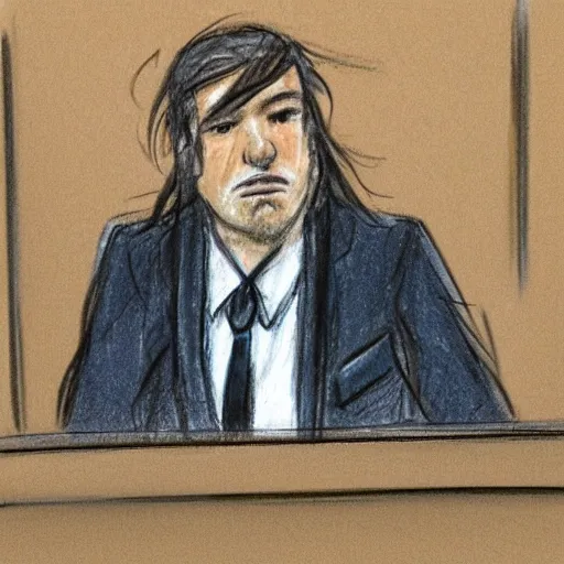 Image similar to A man is sweating profusely in court, because he is lawyer is a tapir. Courtroom sketch.