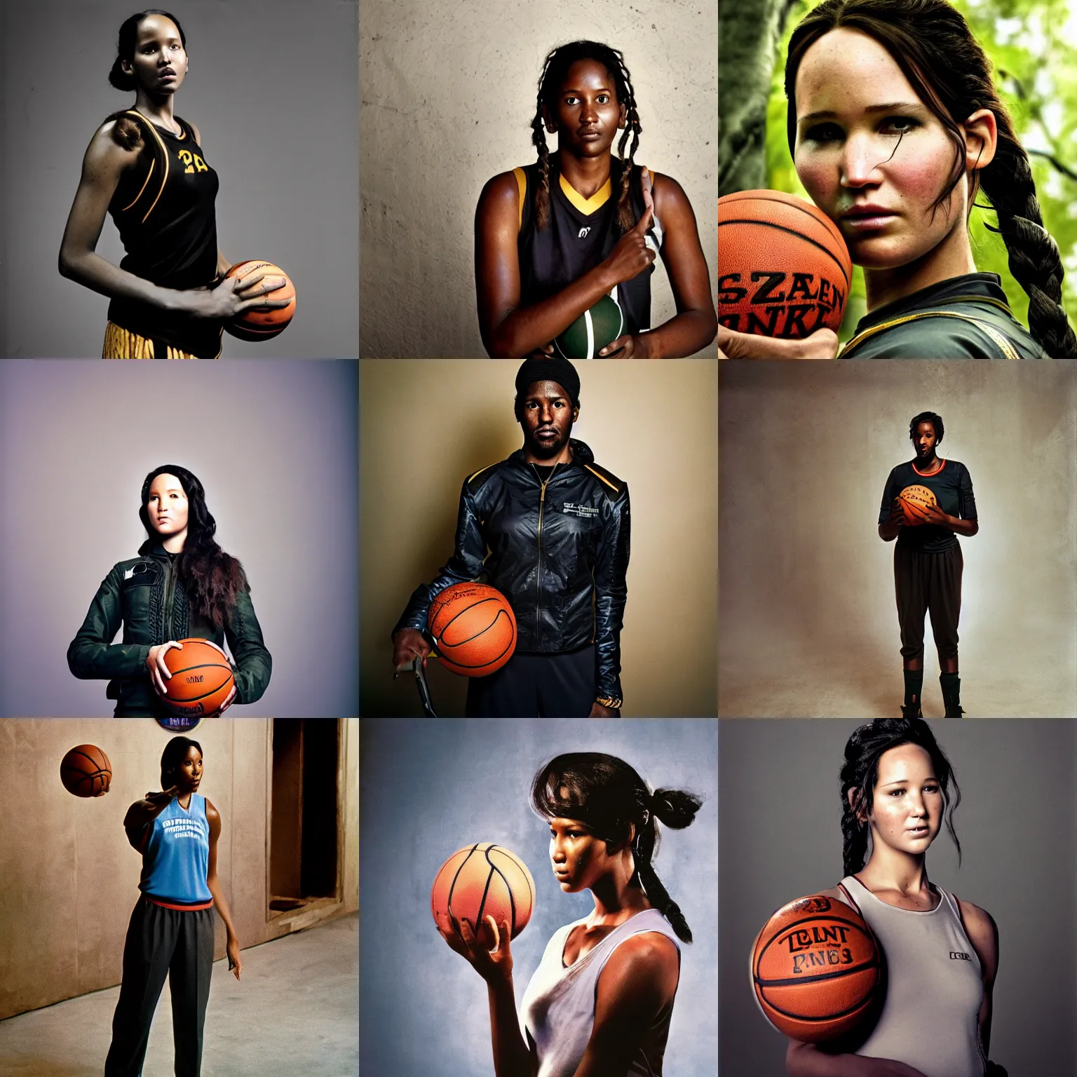 Prompt: Katniss Everdeen as a tall NBA player, holding a ball, candid portrait photography by Steve McCurry