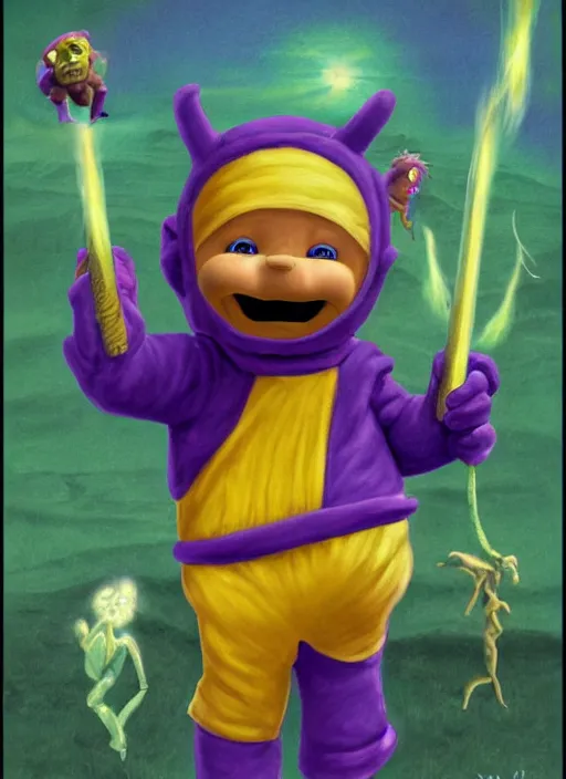 Prompt: tinky winky the teletubbie, digital illustration for pathfinder, full body, by Wayne Reynolds, tony diterlizzi, larry elmore, 2005, HQ scan, intricate details, Monster Manula, Fiend Folio, D&D monster, fantasy art, artstation trending