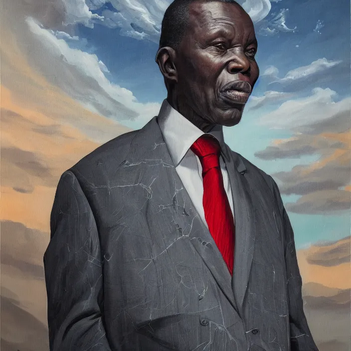 Image similar to a painting of a XXL wise elder from Kenya in a suit by Kehinde Wiley . dramatic angle, ethereal lights, details, smooth, sharp focus, illustration, realistic, cinematic, artstation, award winning, rgb , unreal engine, octane render, cinematic light, macro, depth of field, blur, red light and clouds from the back, highly detailed epic cinematic concept art CG render made in Maya, Blender and Photoshop, octane render, excellent composition, dynamic dramatic cinematic lighting, aesthetic, very inspirational, arthouse.