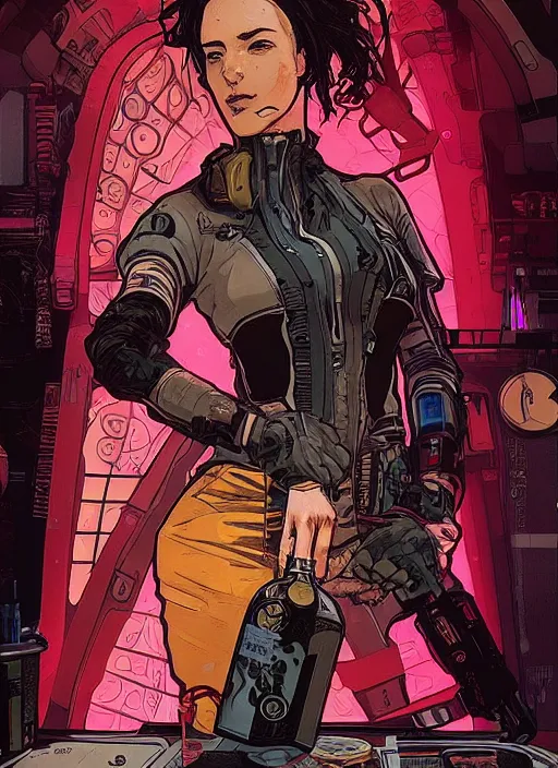 Prompt: cyberpunk bartender. portrait by ashley wood and alphonse mucha and laurie greasley and josan gonzalez and james gurney. spliner cell, apex legends, rb 6 s, hl 2, d & d, cyberpunk 2 0 7 7. realistic face. vivid color. dystopian setting.