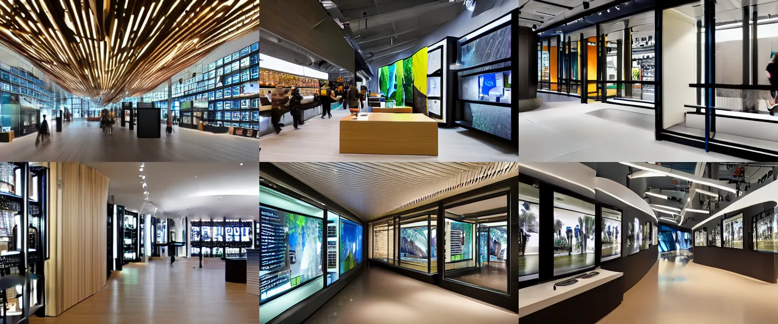 Prompt: A flagship Samsung store with an internal tropical rain forest. black walls. timber floor. high ceilings with spots. the warm sun shines through large windows illuminating an internal forest. beautiful modern wood furniture with phones and tablets, large digital screens with videos on the walls, Architectural photography. 14mm. High Res 8K. award winning architectural design, Minimalist, High-tech environment, warm and happy, clean shapes, inviting, environment friendly, so many plants, overgrown