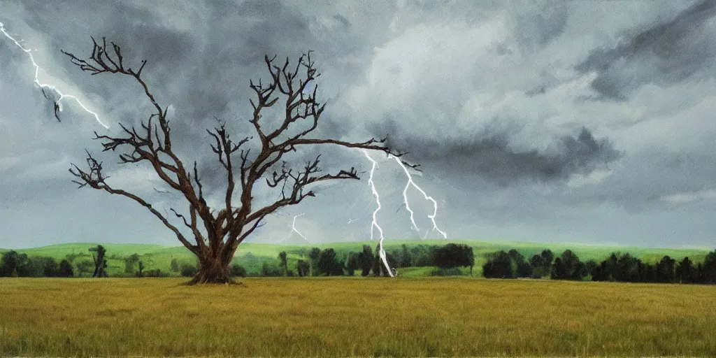 Prompt: lightning strikes a tree in the middle of a field, painting By Andy Worhol,