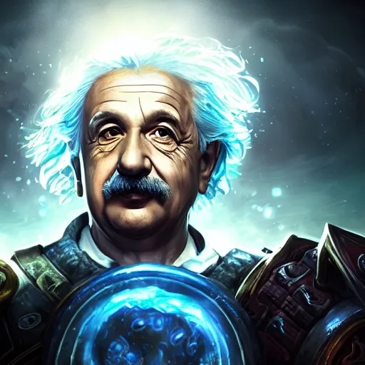 Image similar to Portrait of Albert Einstein as a spellcaster, League of Legends amazing splashscreen artwork, Gears of War, splash art,natural light, elegant, photorealistic facial features, intricate, fantasy, detailed face, atmospheric lighting, anamorphic lens flare, cinematic lighting, league of legends splash art, hd wallpaper, ultra high details by Greg rutkowski