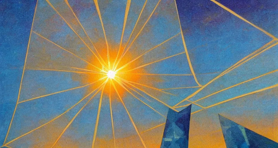 Prompt: hexagonal solar sail between the sun and earth, art deco painting