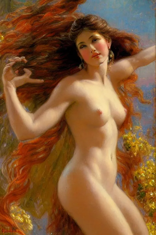 Prompt: hailey steinfeld as the goddess aphrodite. art by gaston bussiere.