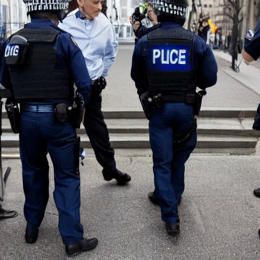 Image similar to fbi director Nicolas Sarkozy getting arrested by police agents, photo 85mm, f/1.3