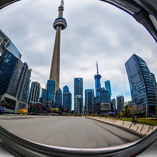 Prompt: a photo of a ibishu covet driving near the cn tower, fisheye lens, 1 9 mm.