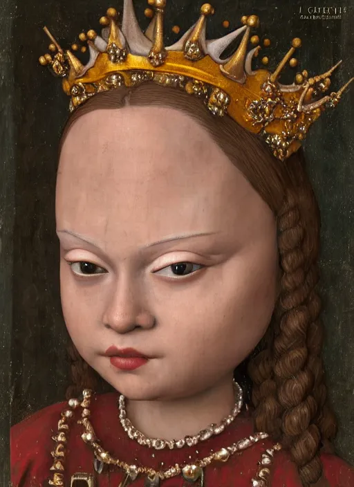 Image similar to closeup medieval jan van eyck face portrait of tin toy greta thunberg medieval goblin as a fairytale princess wearing a crown eating cakes in the castle, bikini, detailed and intricate environment, nicoletta ceccoli, mark ryden, lostfish, hyperrealistic, octane render