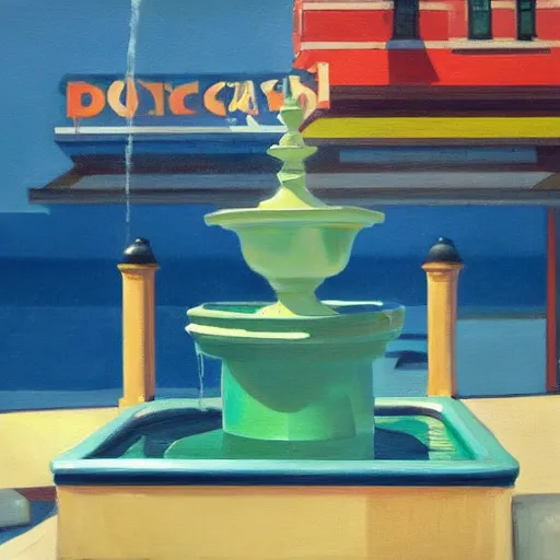 Image similar to a fine art painting of the penguin from planet coaster in a water fountain in the style of edward hopper and wes anderson.