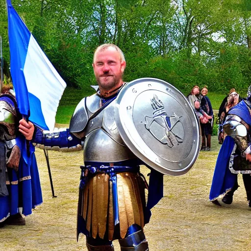 Prompt: bjorn of backwater, honorable knight of francia, standing with his blue shield up and a short sword in his hand, real life, renaissance fair, gladiator, motion blur