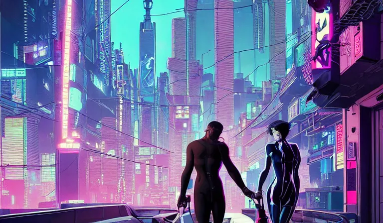 Prompt: cyborg feeding electric pigeons in front of a neon church, cyberpunk, neon noir, by Josan Gonzalez and Tomer Hanuka and Geof Darrow and Brad Rigney and Greg Rutkowski and Moebius, Ghost in the shell, Blade Runner, highly detailed, James Dean as a cyborg, UHD, 8K, wet street, Trending on artstation, bokh, dof