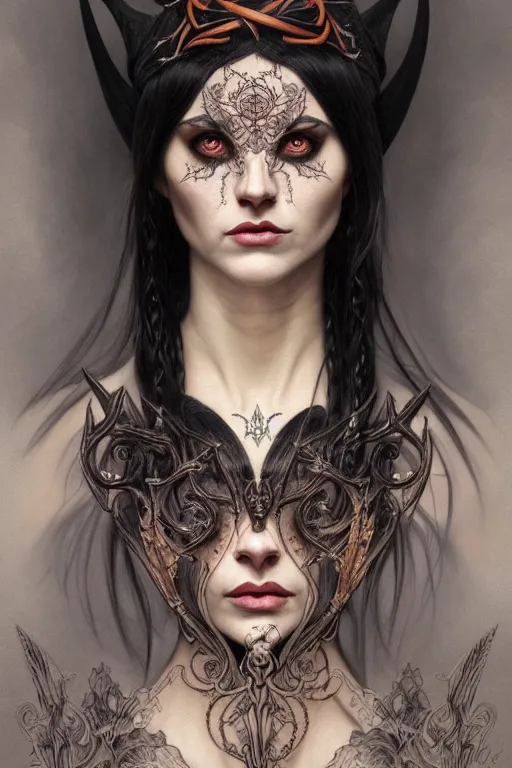 Image similar to portrait of a satanic witch, tattooed face, upper body, decorated, intricate, elegant, highly detailed, digital painting, artstation, concept art, smooth, sharp focus, illustration, art by artgerm and greg rutkowski and alphonse mucha, 8 k