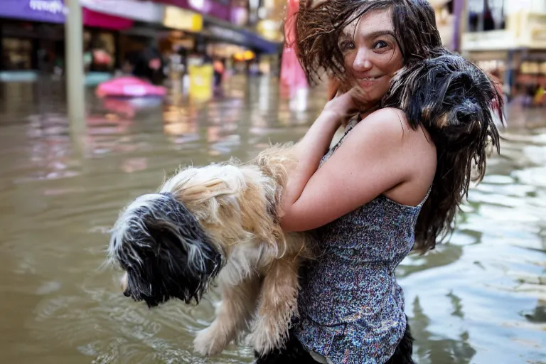 Image similar to closeup portrait of a woman carrying a dog over her head in a flood in Rundle Mall in Adelaide in South Australia, photograph, natural light, sharp, detailed face, magazine, press, photo, Steve McCurry, David Lazar, Canon, Nikon, focus