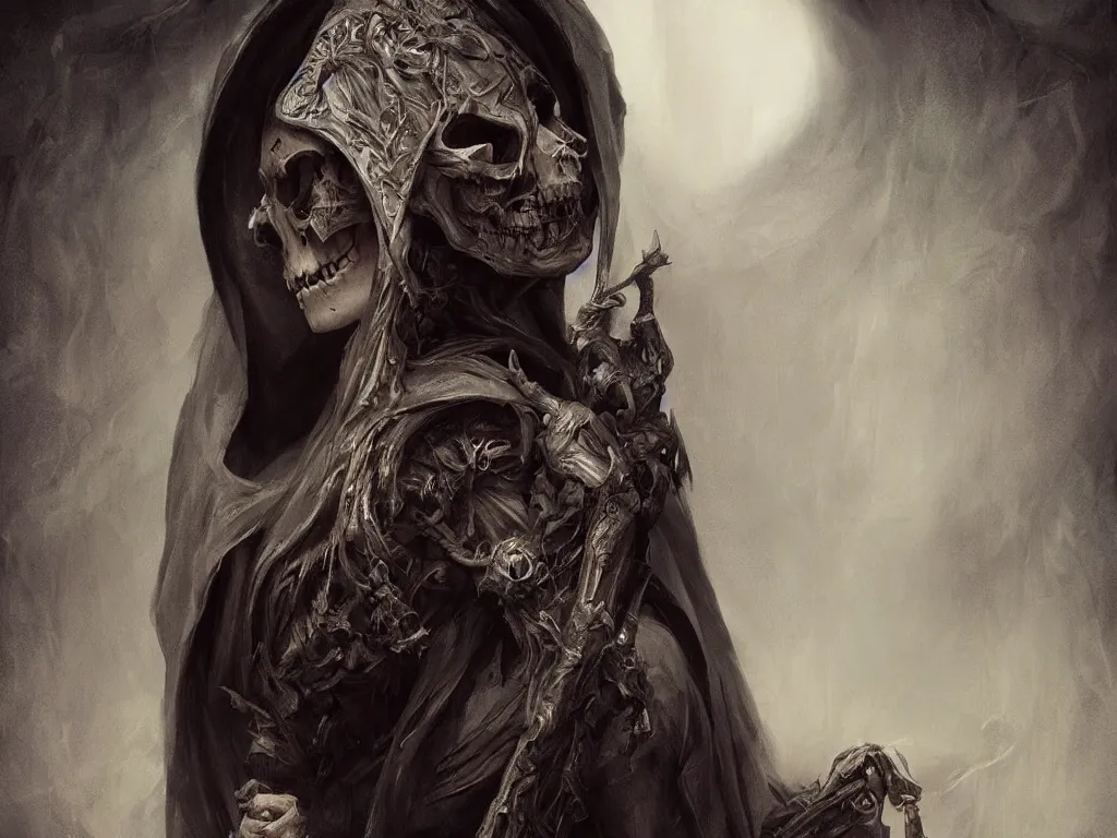 Image similar to epic portrait an death goddess with a skull face and a hood on, death, dark, skull, digital painting, artstation, concept art, soft light, hdri, smooth, sharp focus, illustration, fantasy, intricate, elegant, highly detailed, D&D, matte painting, in the style of Greg Rutkowski and Alphonse Mucha and artemisia, 8k, highly detailed, jurgens, rutkowski, bouguereau, pastoral, rustic, georgic, detailed concept art, illustration, colorful pastel, painting, detail, ultra detailed, digital art, 4K,