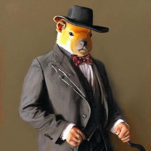 Image similar to portrait of a proud capybara dressed as a gentleman, artwork by gaston bussiere, craig mullins, trending on artstation, capybara wearing a gentleman's uniform